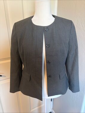Ann Taylor Factory Gray Collarless Blazer Jacket button up pockets